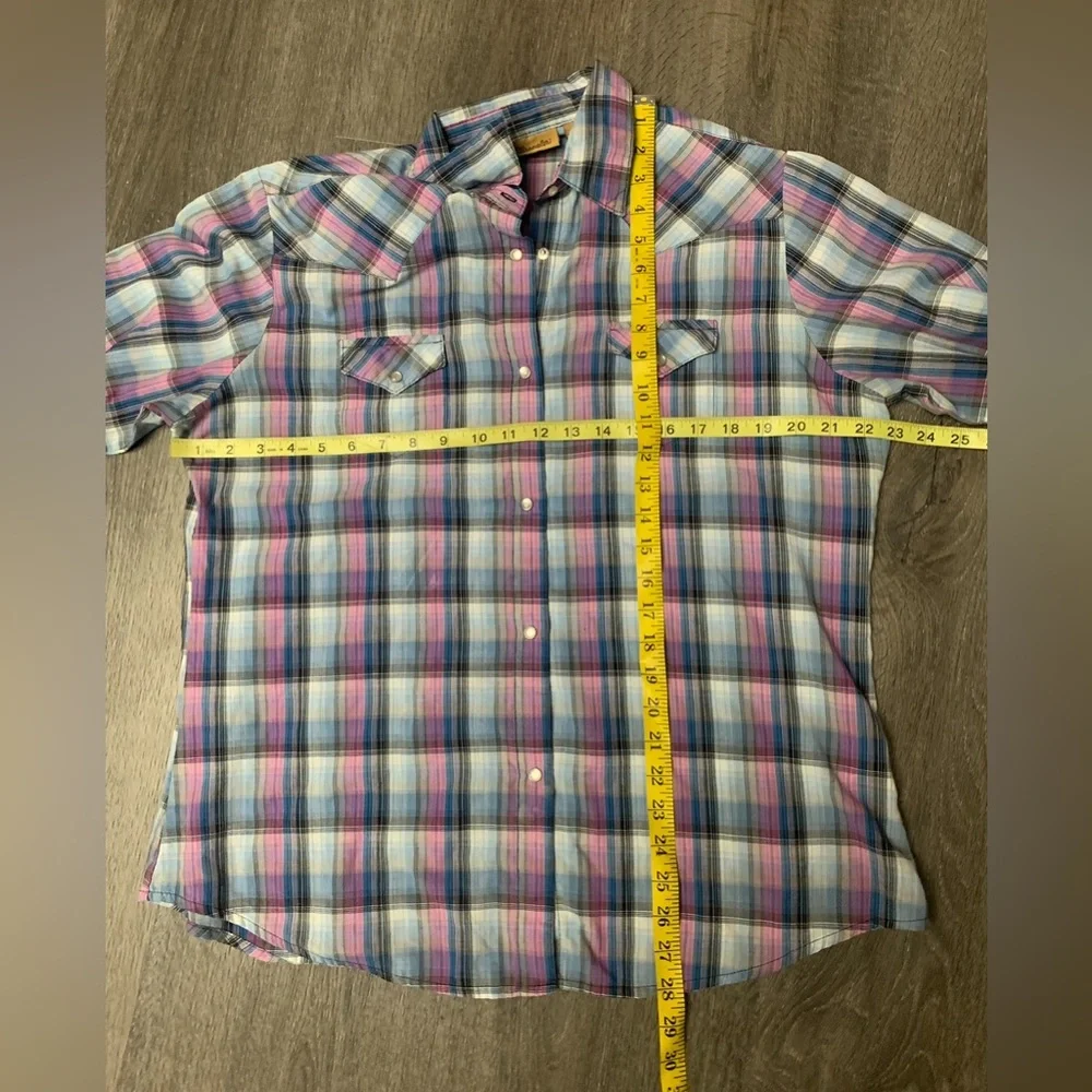 Wrangler Pearl Snap Shirt Plaid Long Sleeve Purple Pink Blue Western Cowgirl XL - Picture 6 of 7